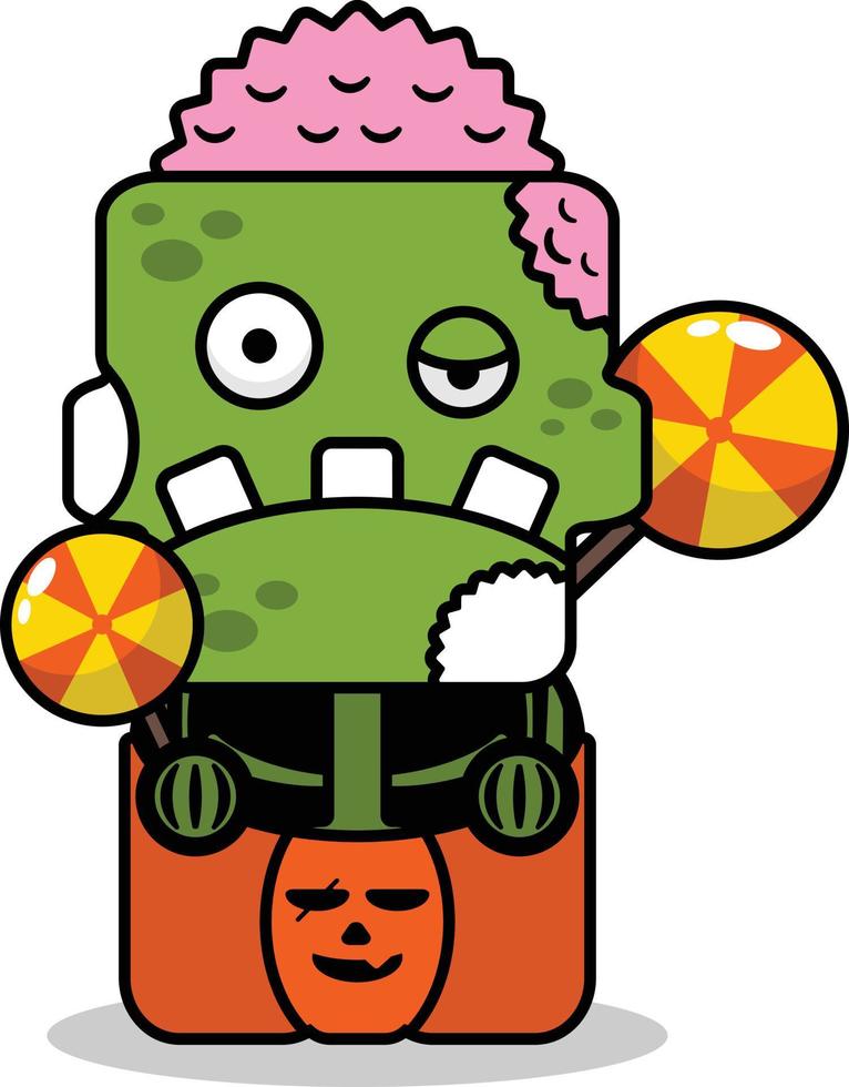 personaje de mascota de dibujos animados de vector halloween zombie cráneo verde lindo caramelo caja de calabaza