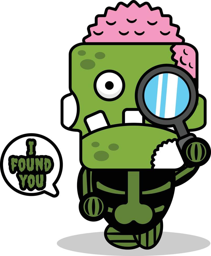 vector cartoon mascot character halloween zombie skull green magnifying glass. i found you