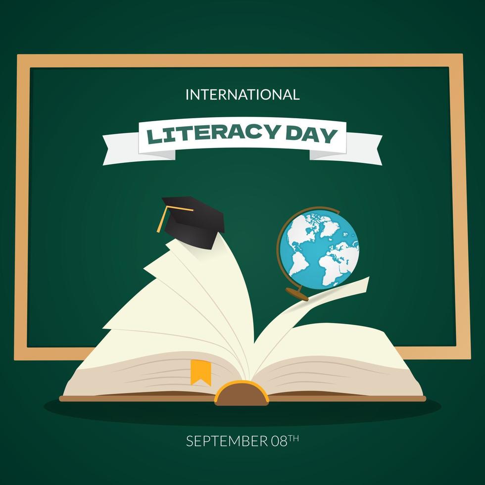 feliz día internacional de la alfabetización 08 de septiembre con libro abierto sobre fondo de pizarra verde vector