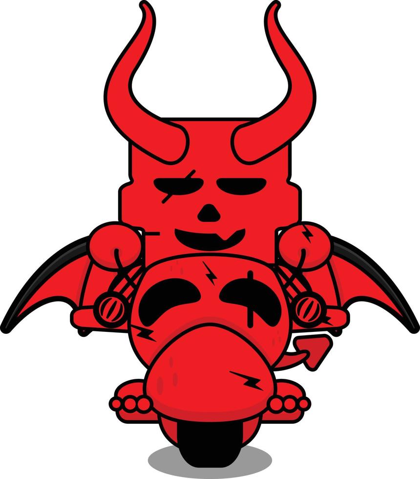 lindo cráneo rojo diablo mascota personaje dibujos animados vector montando una moto