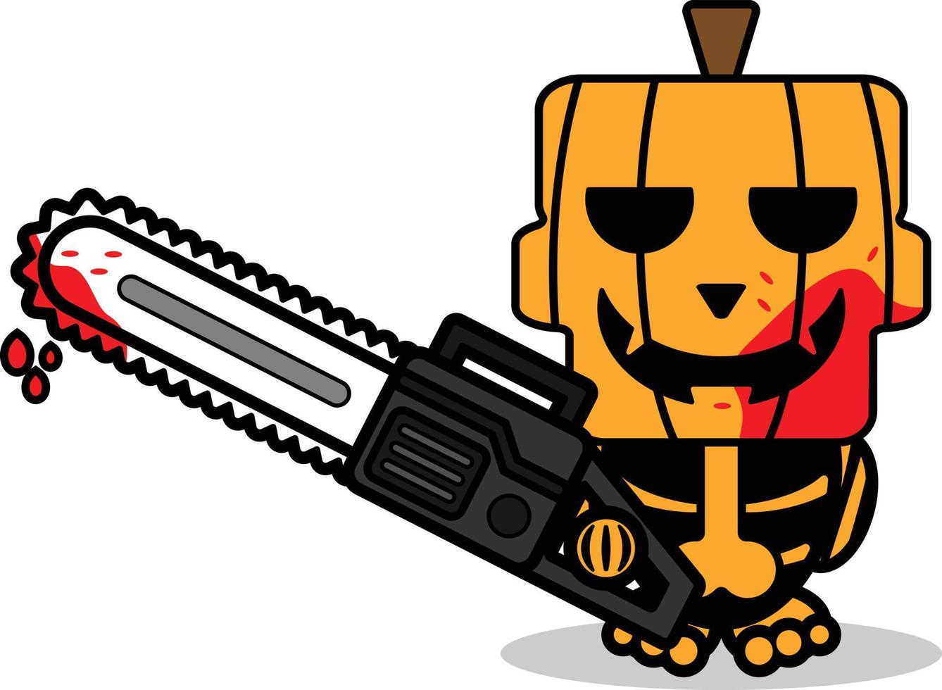 personaje de mascota de calabaza de dibujos animados de vector halloween lindo cráneo con motosierra