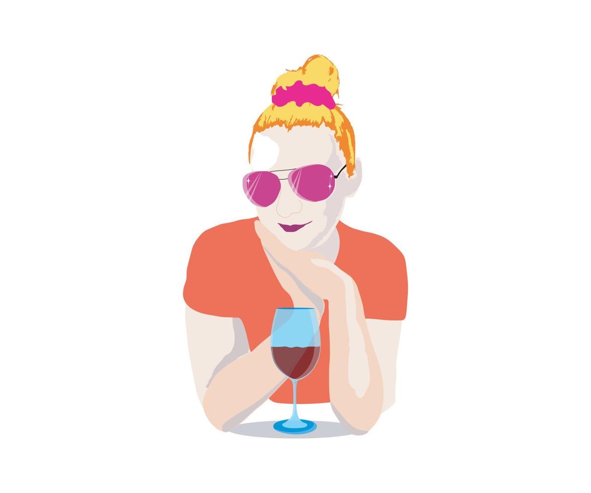 una chica con gafas de sol con una copa de vino vector