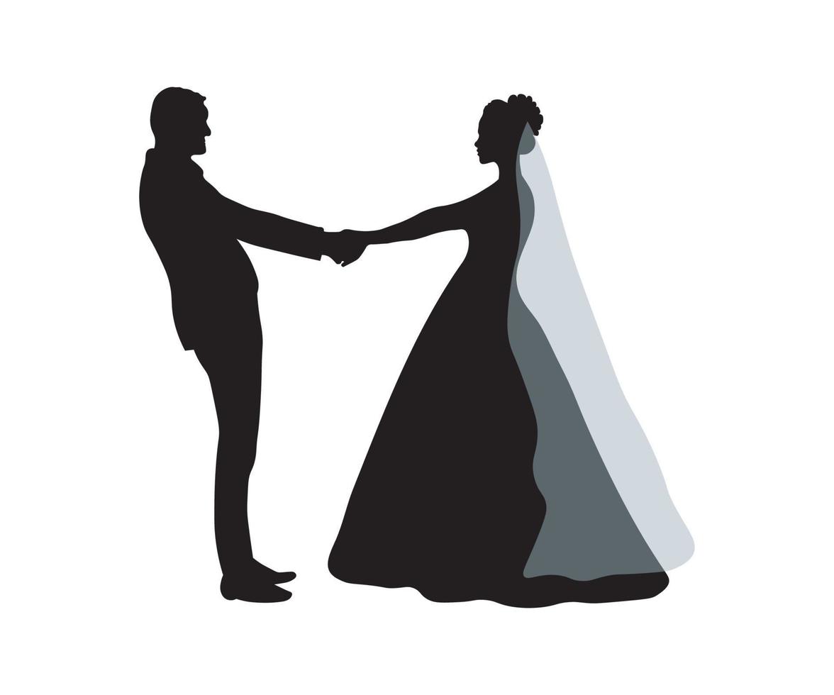 black silhouette of the bride and groom holding hands on a white background vector