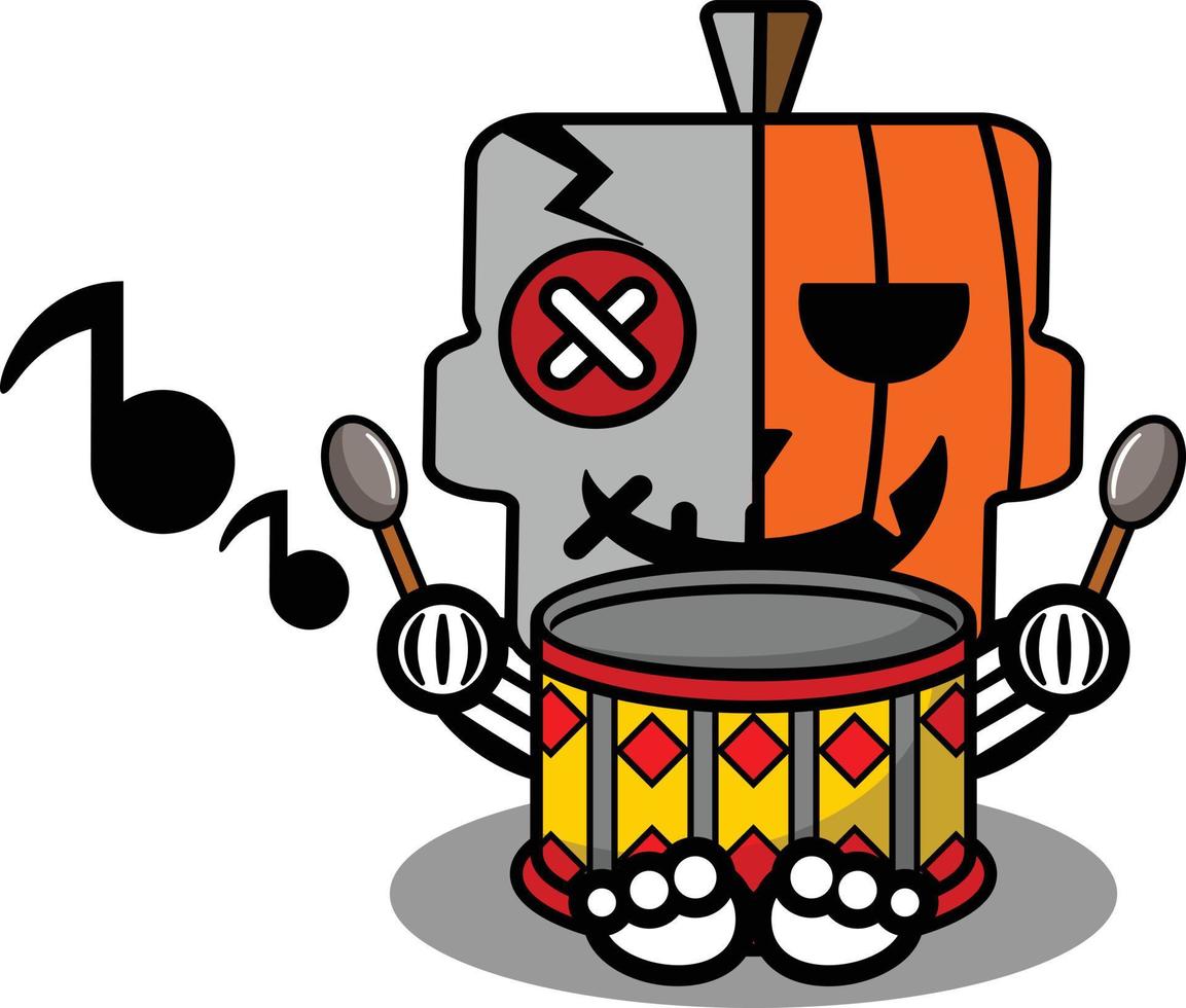 vector cartoon cute mascot skull character voodoo doll pumpkin playing drums