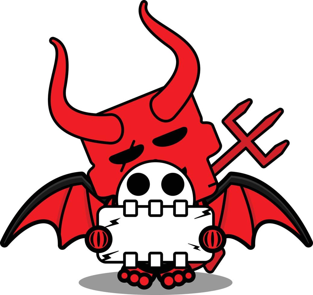 vector de dibujos animados lindo cráneo diablo rojo mascota personaje sosteniendo tablero de hueso