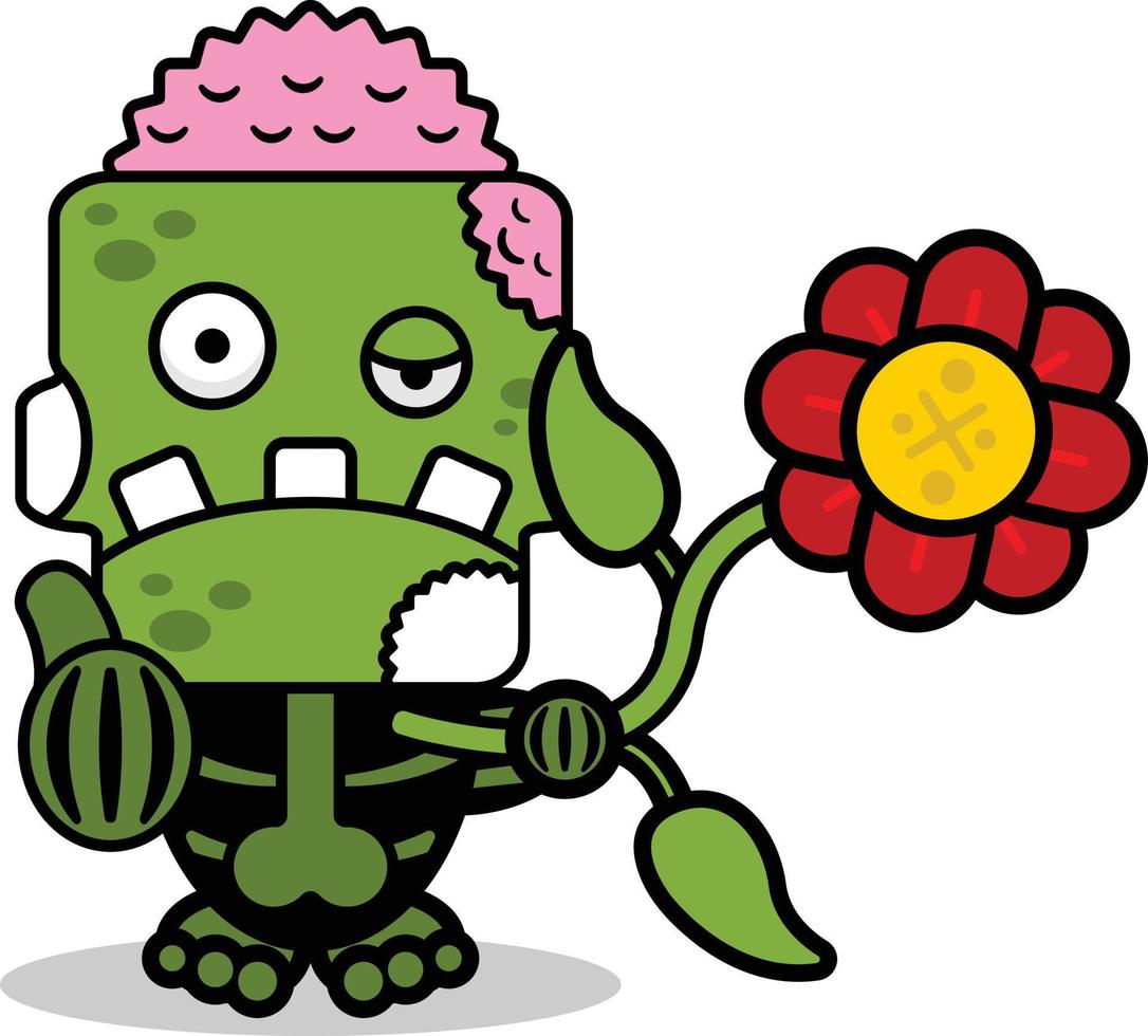 dibujos animados vector mascota halloween zombie cráneo verde lindo personaje sosteniendo flor