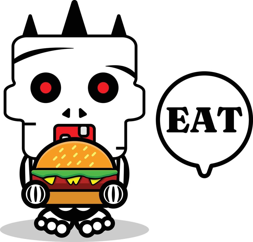 dibujos animados lindo halloween cráneo otoño mascota personaje comiendo hamburguesa vector