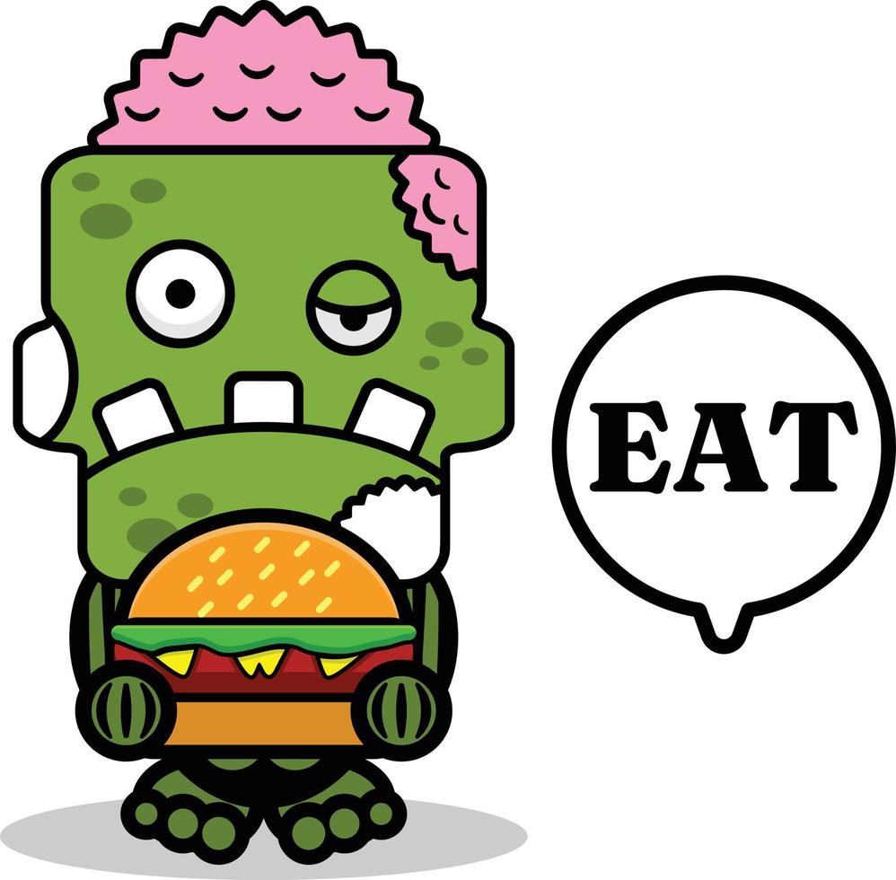 vector cartoon mascot character halloween zombie cute green skull eating burger