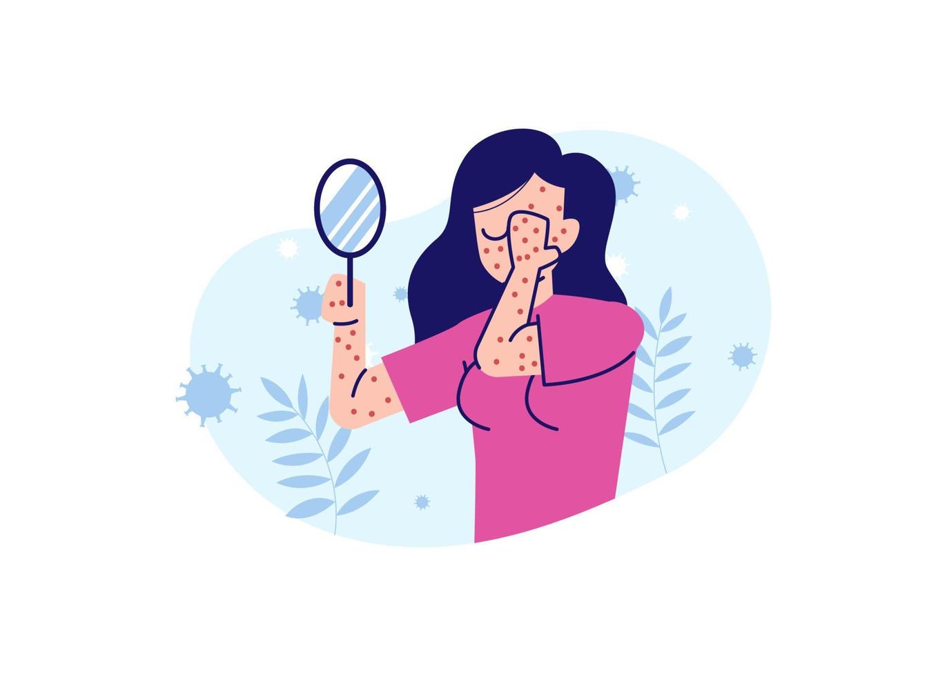 Monkeypox or Monkey Pox Symptoms Flat Illustration Vector Isolated. A woman is shocked to see her face in the mirror because she is suffering from monkeypox symptoms..