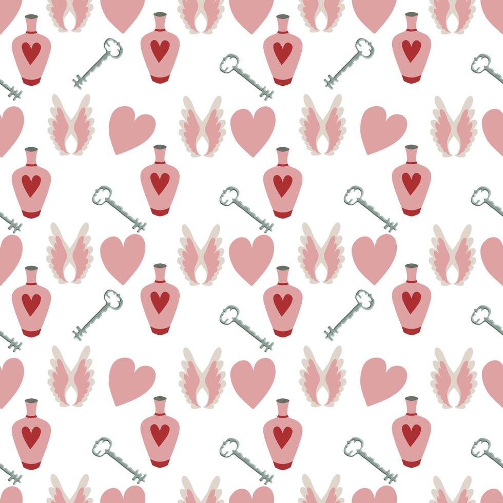 Valentines Day romantic seamless pattern with hearts, wings, gifts. vector