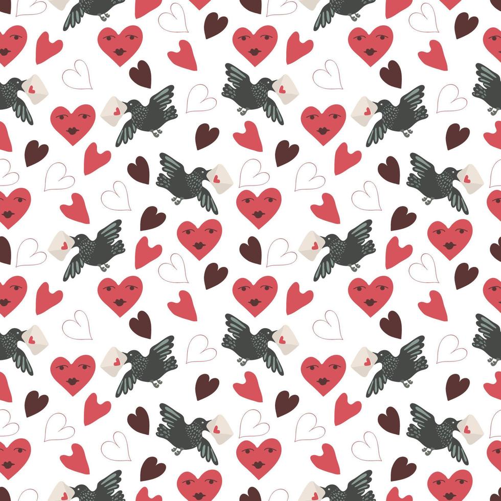 Valentines Day romantic seamless pattern with hearts, birds, letters. vector