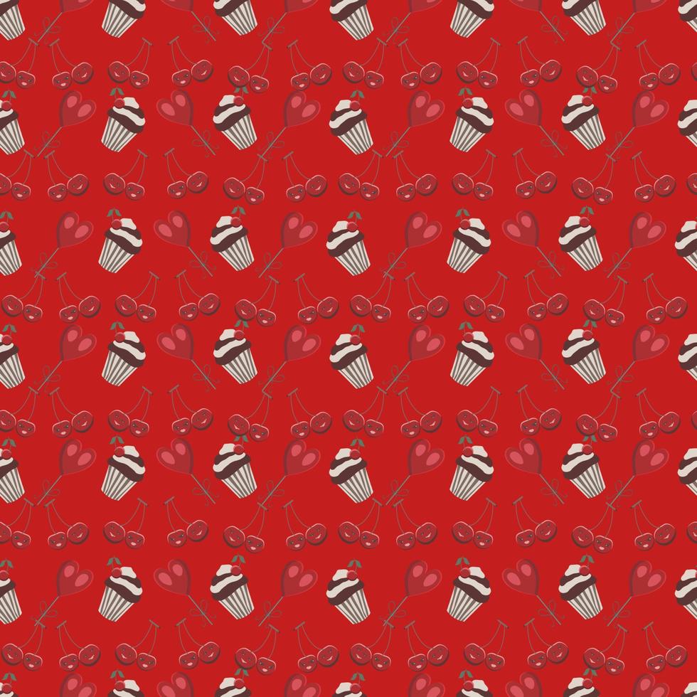 Valentines Day romantic seamless pattern with hearts and cupcakes. vector