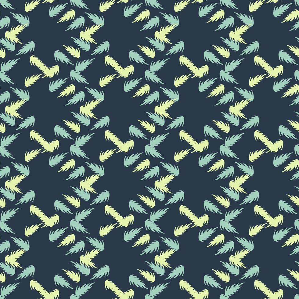 patrón de costura vectorial con hojas de palma verdes abstractas sobre un fondo azul oscuro. vector