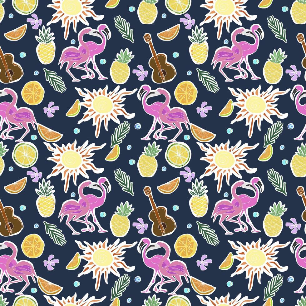 Vector hand drawn seamless pattern. Summer vacation, travel, tropical background with fruits, flamingo, palm leaves.