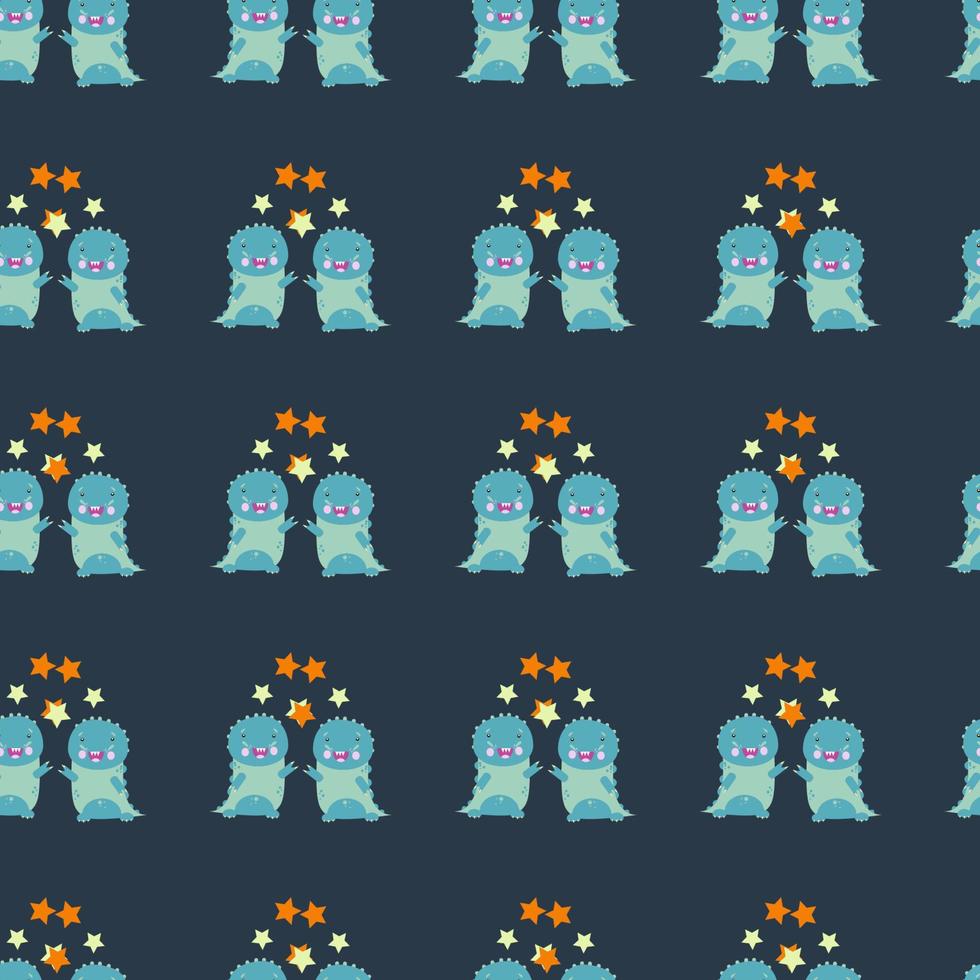 Nursery vector seamess pattern with baby dinosaurs and stars.