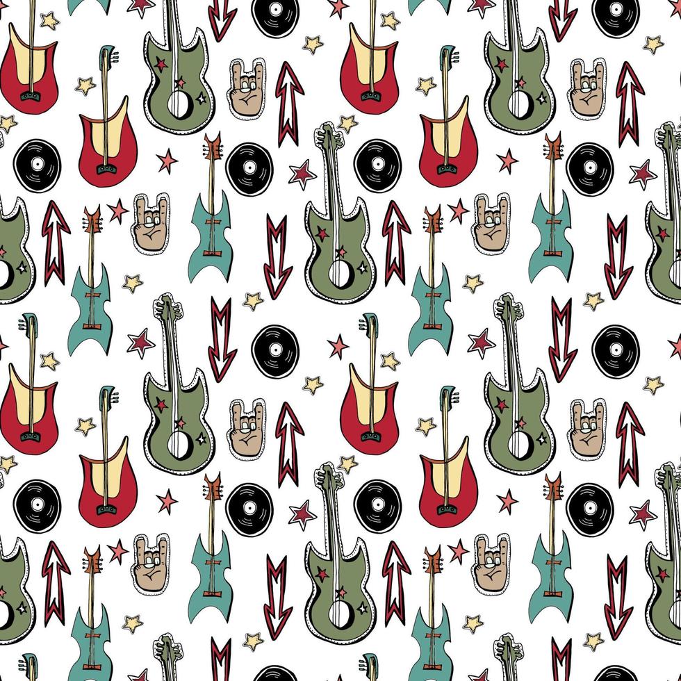 Vector hand drawn seamless rock n roll pattern with sars, vinyls, guitars.