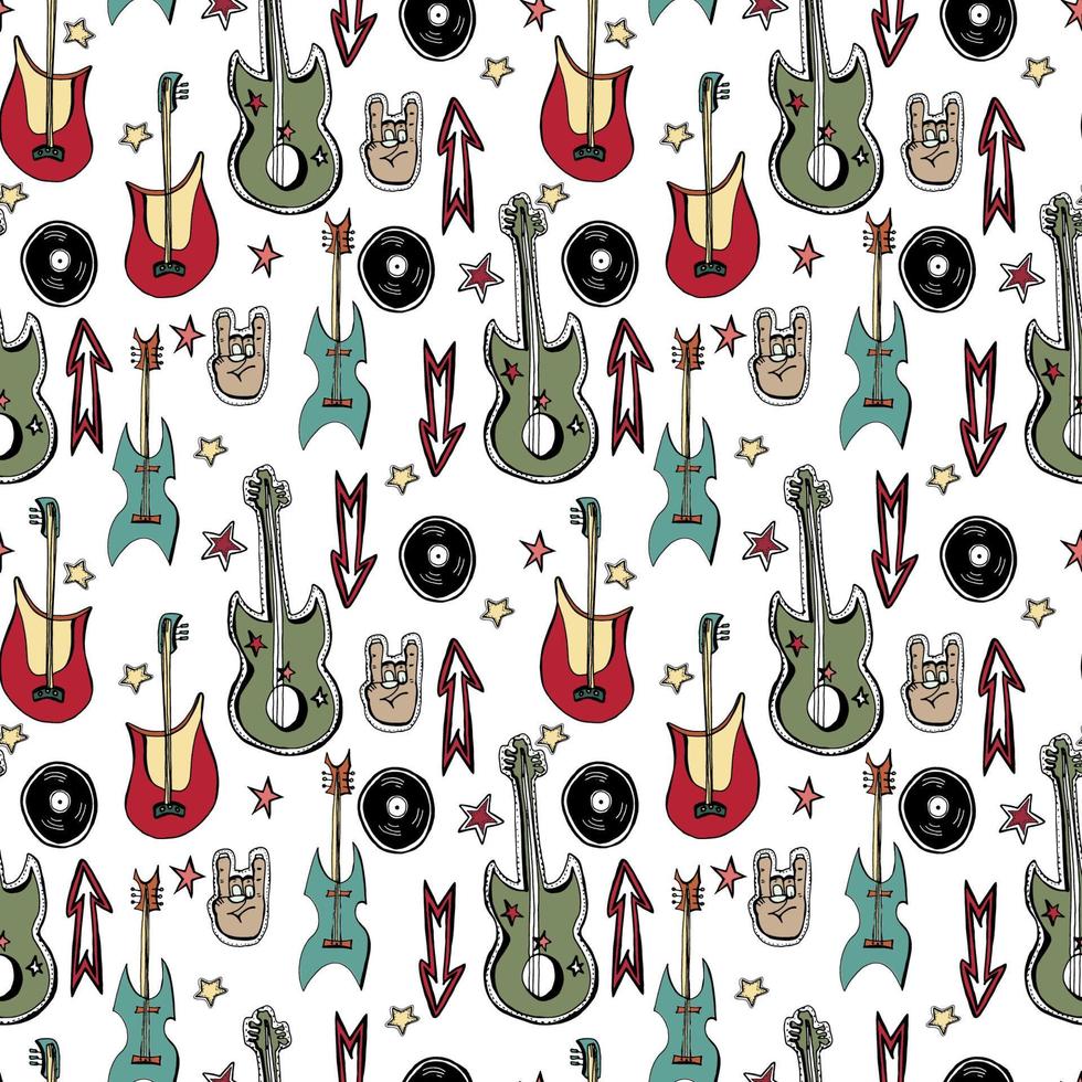 Vector hand drawn seamless rock n roll pattern with sars, vinyls ...