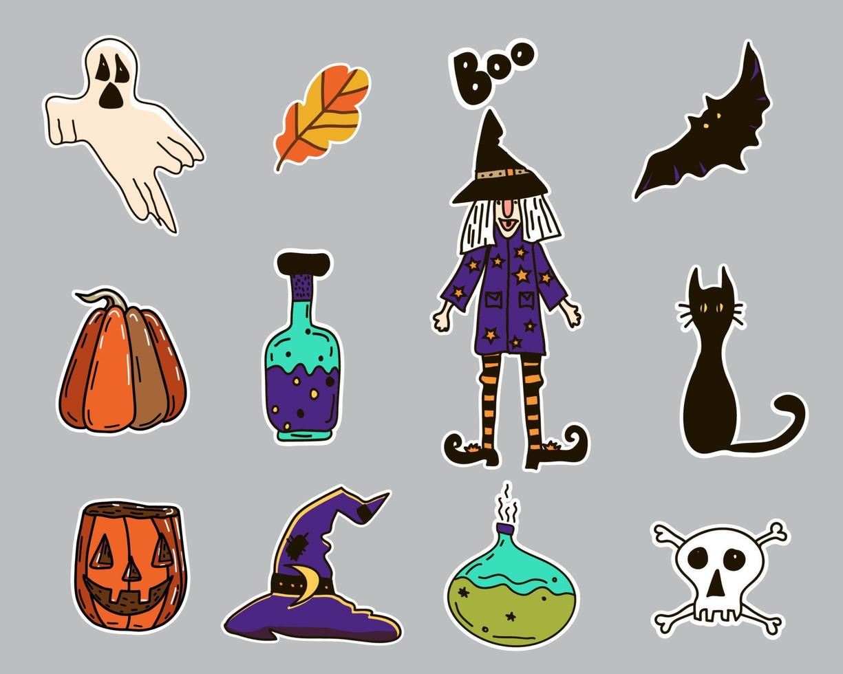 conjunto vectorial de halloween. ilustración dibujada a mano. bruja, calabaza, gato negro, veneno, olla mágica, calavera, huesos, sombrero, murciélago, fantasma, abucheo. vector