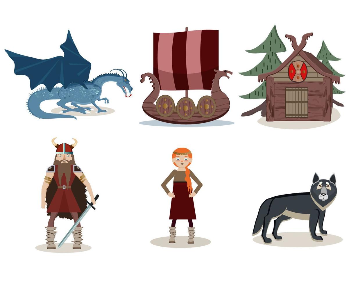 Vector set of Vikings characters. Scandinavian theme. Tor, Odin, Loki, drakkar, dragon, wolf.