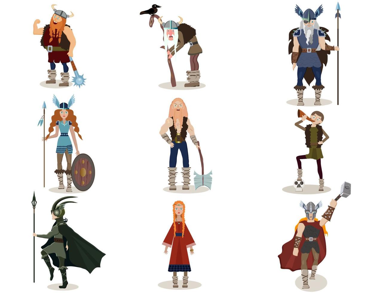Vector set of Vikings characters. Scandinavian theme. Tor, Odin, Loki, drakkar, dragon, wolf.