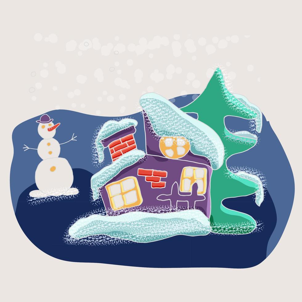 winter landscape with a small house in the snow among the pines. vector