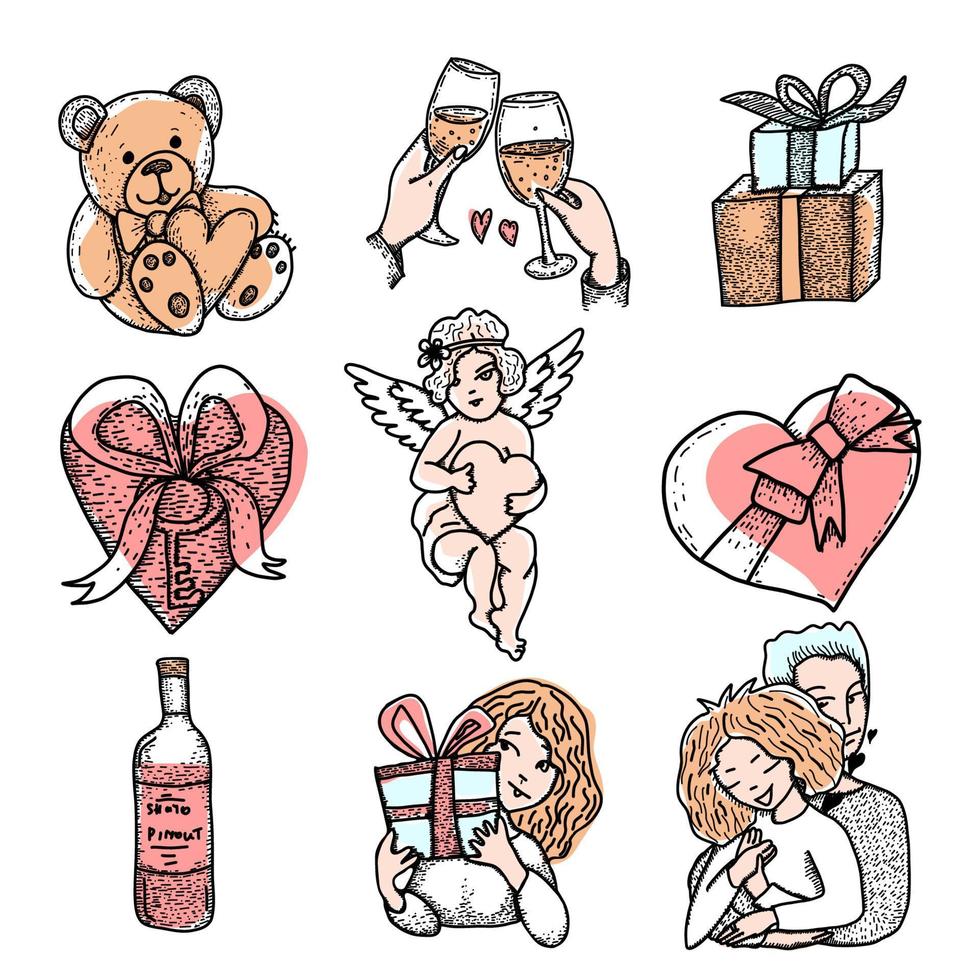 conjunto de vectores del día de san valentín. oso de peluche, regalos, pareja de enamorados, cupido, corazones, botella de vino. ilustraciones dibujadas a mano.