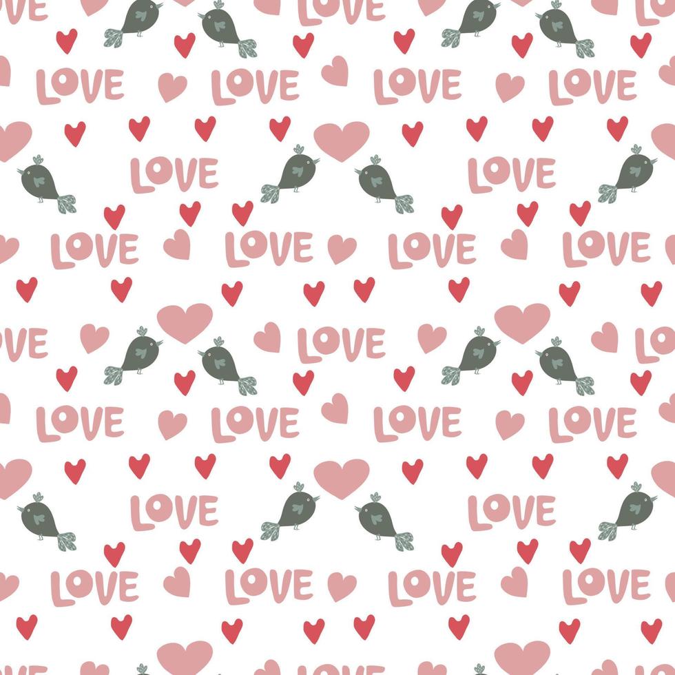 Valentines Day romantic seamless pattern with hearts and cute little birds. vector