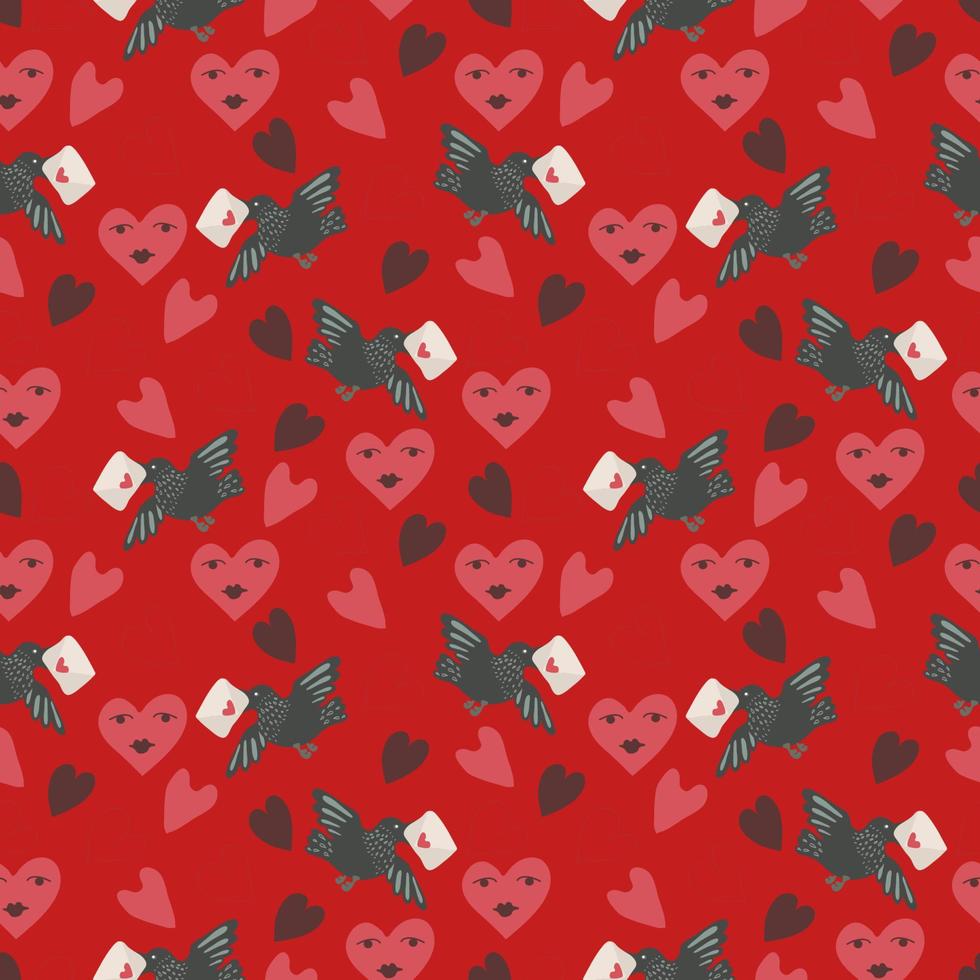 Valentines Day romantic seamless pattern with hearts, birds, letters.. vector