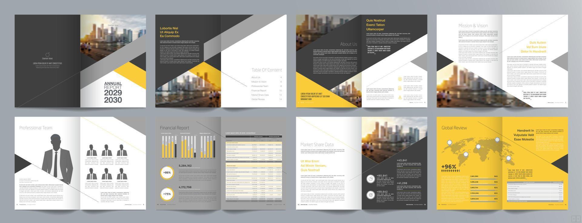 plantilla de folleto de guía de presentación de negocios corporativos, informe anual, plantilla de diseño de folleto de negocios geométrico plano minimalista de 16 páginas, tamaño a4. vector