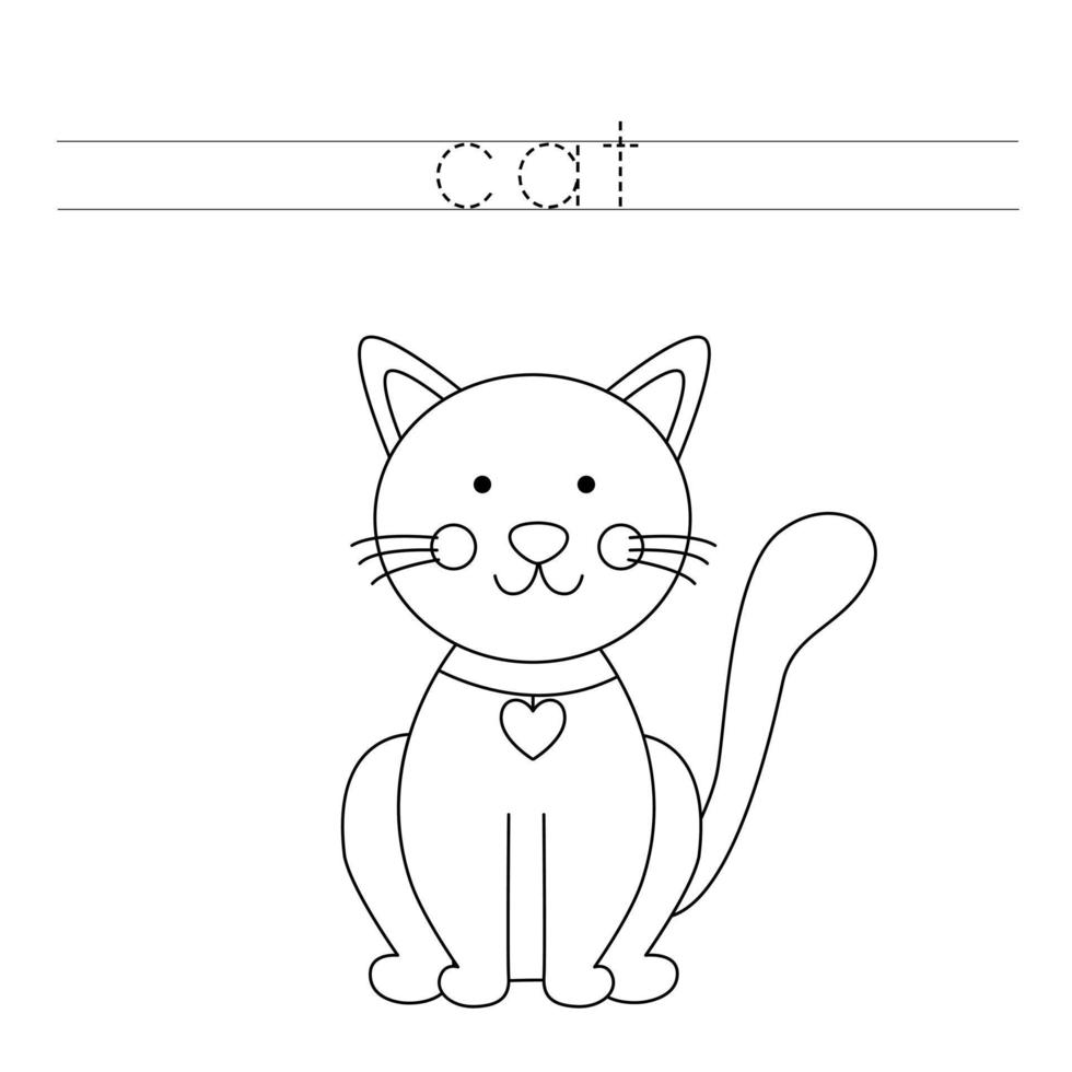 Trace the letters and color cat. Handwriting practice for kids. vector
