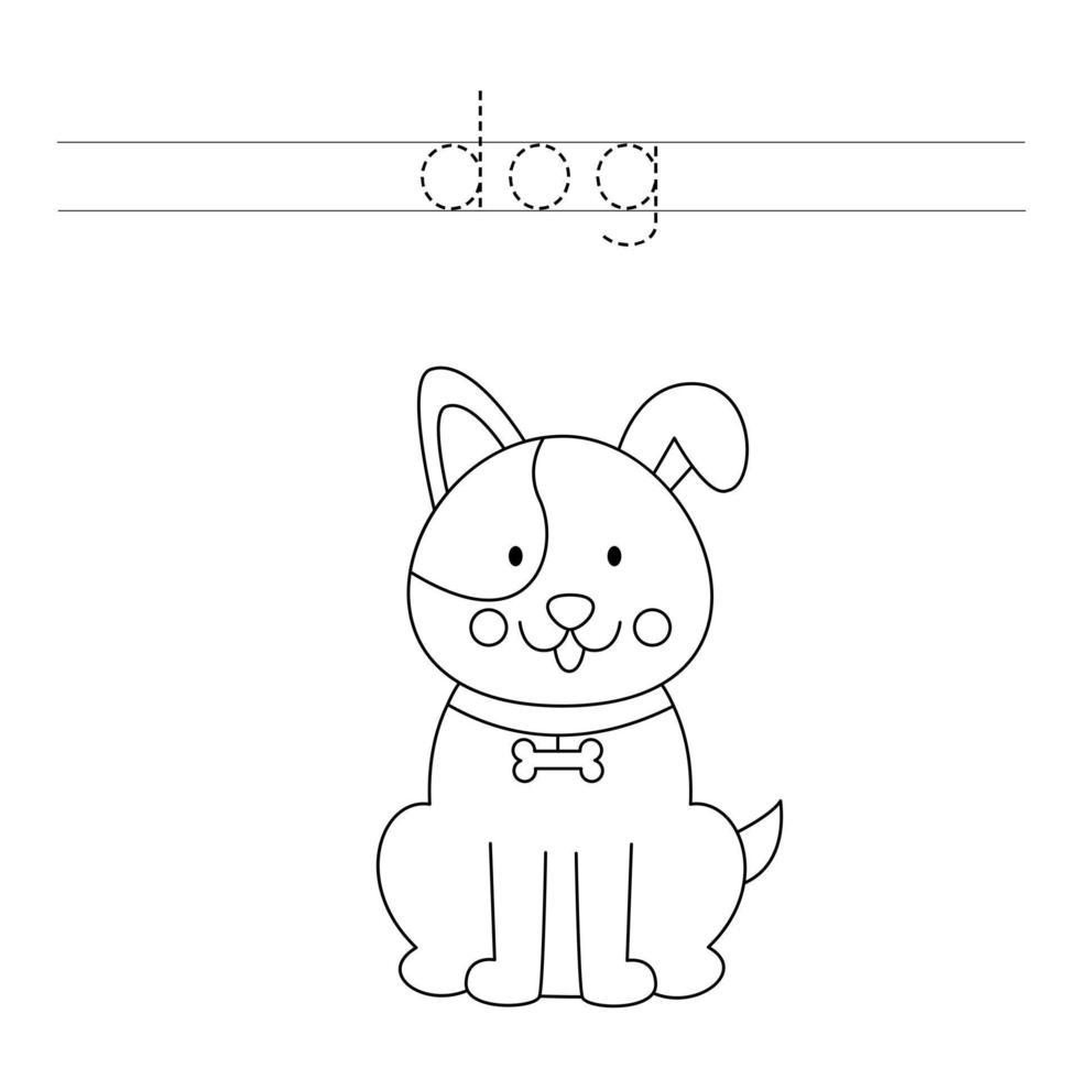 Trace the letters and color dog. Handwriting practice for kids. vector