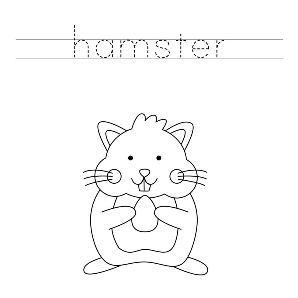 Trace the letters and color hamster. Handwriting practice for kids. vector