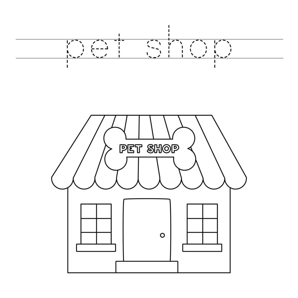 Trace the letters and color pet shop. Handwriting practice for kids. vector