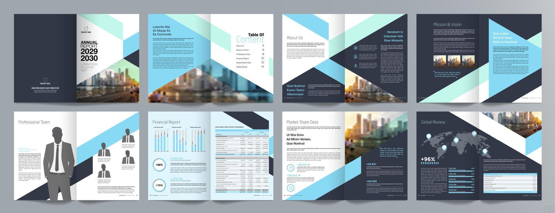 plantilla de folleto de guía de presentación de negocios corporativos, informe anual, plantilla de diseño de folleto de negocios geométrico plano minimalista de 16 páginas, tamaño a4. vector