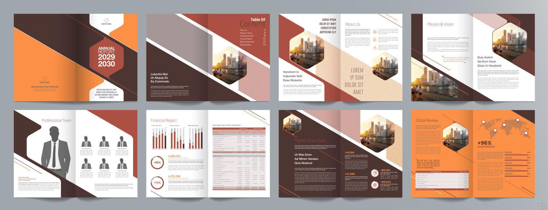 plantilla de folleto de guía de presentación de negocios corporativos, informe anual, plantilla de diseño de folleto de negocios geométrico plano minimalista de 16 páginas, tamaño a4. vector