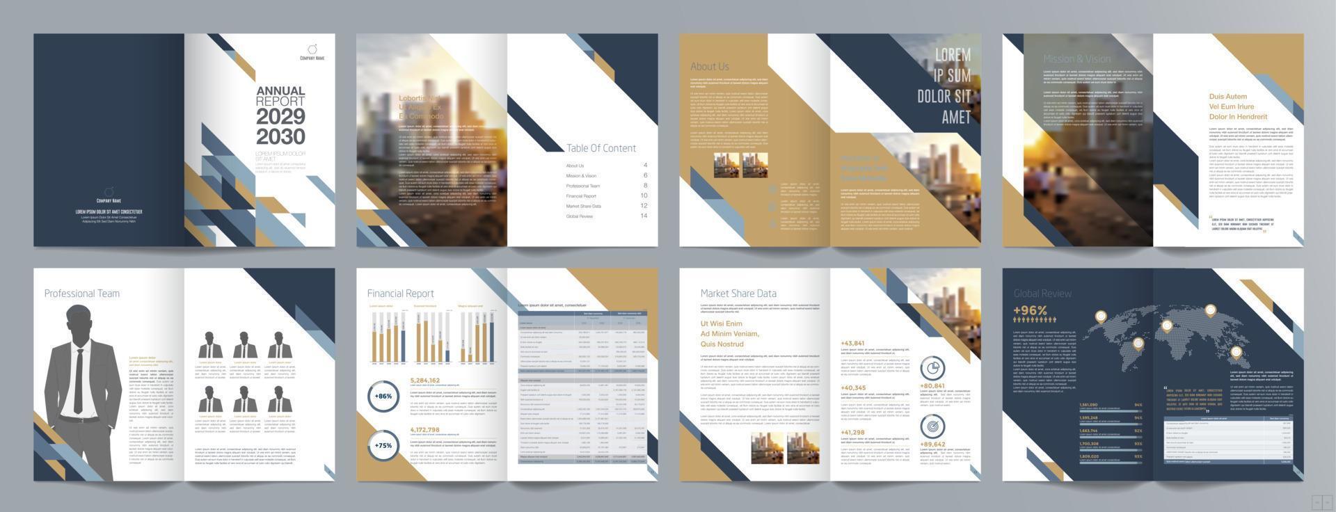 plantilla de folleto de guía de presentación de negocios corporativos, informe anual, plantilla de diseño de folleto de negocios geométrico plano minimalista de 16 páginas, tamaño a4. vector