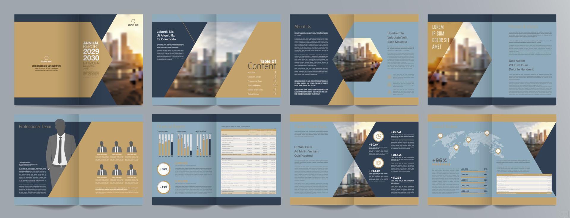 plantilla de folleto de guía de presentación de negocios corporativos, informe anual, plantilla de diseño de folleto de negocios geométrico plano minimalista de 16 páginas, tamaño a4. vector