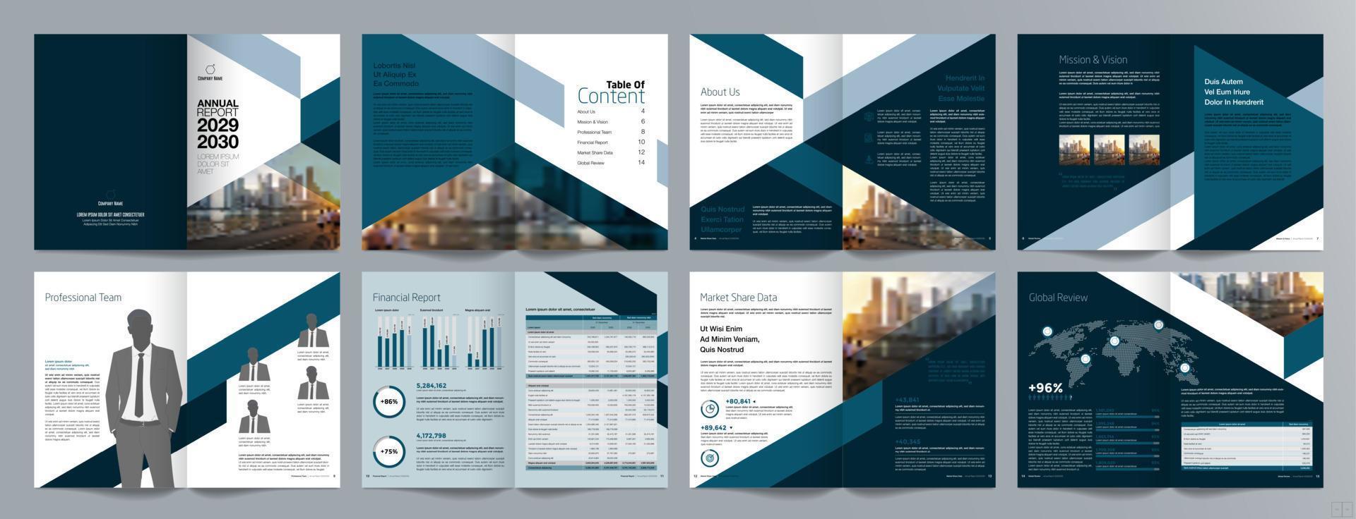 plantilla de folleto de guía de presentación de negocios corporativos, informe anual, plantilla de diseño de folleto de negocios geométrico plano minimalista de 16 páginas, tamaño a4. vector