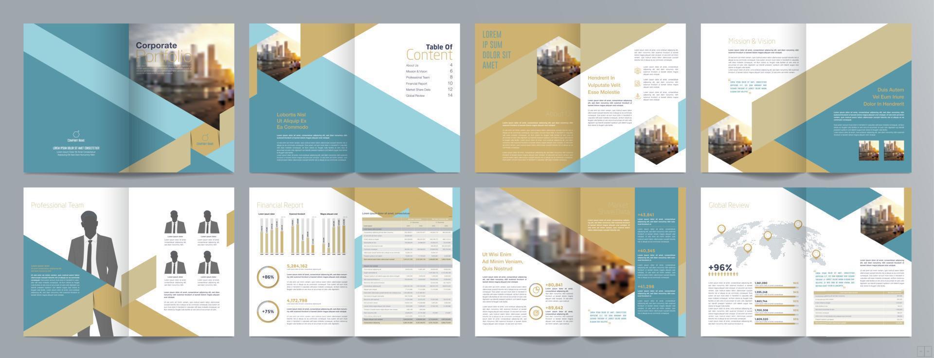Corporate business presentation guide brochure template, Annual report, 16 page minimalist flat geometric business brochure design template, A4 size. vector