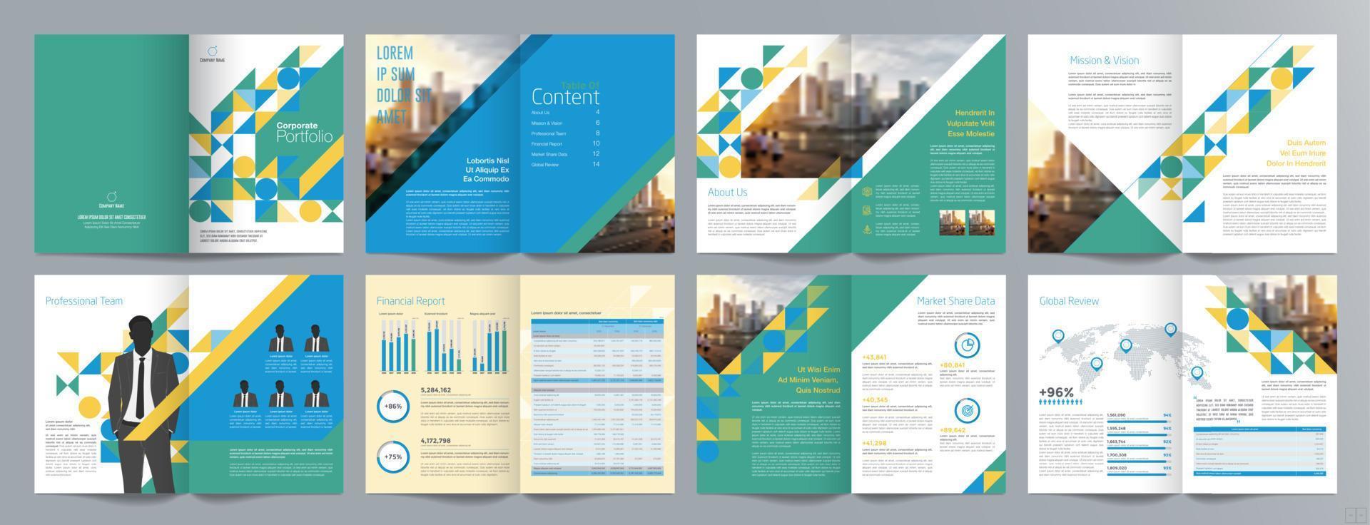 plantilla de folleto de guía de presentación de negocios corporativos, informe anual, plantilla de diseño de folleto de negocios geométrico plano minimalista de 16 páginas, tamaño a4. vector