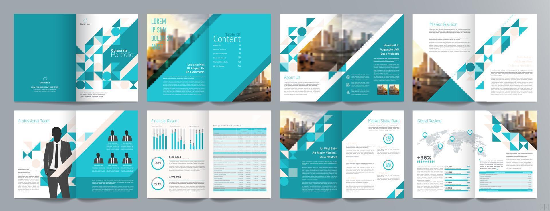 plantilla de folleto de guía de presentación de negocios corporativos, informe anual, plantilla de diseño de folleto de negocios geométrico plano minimalista de 16 páginas, tamaño a4. vector