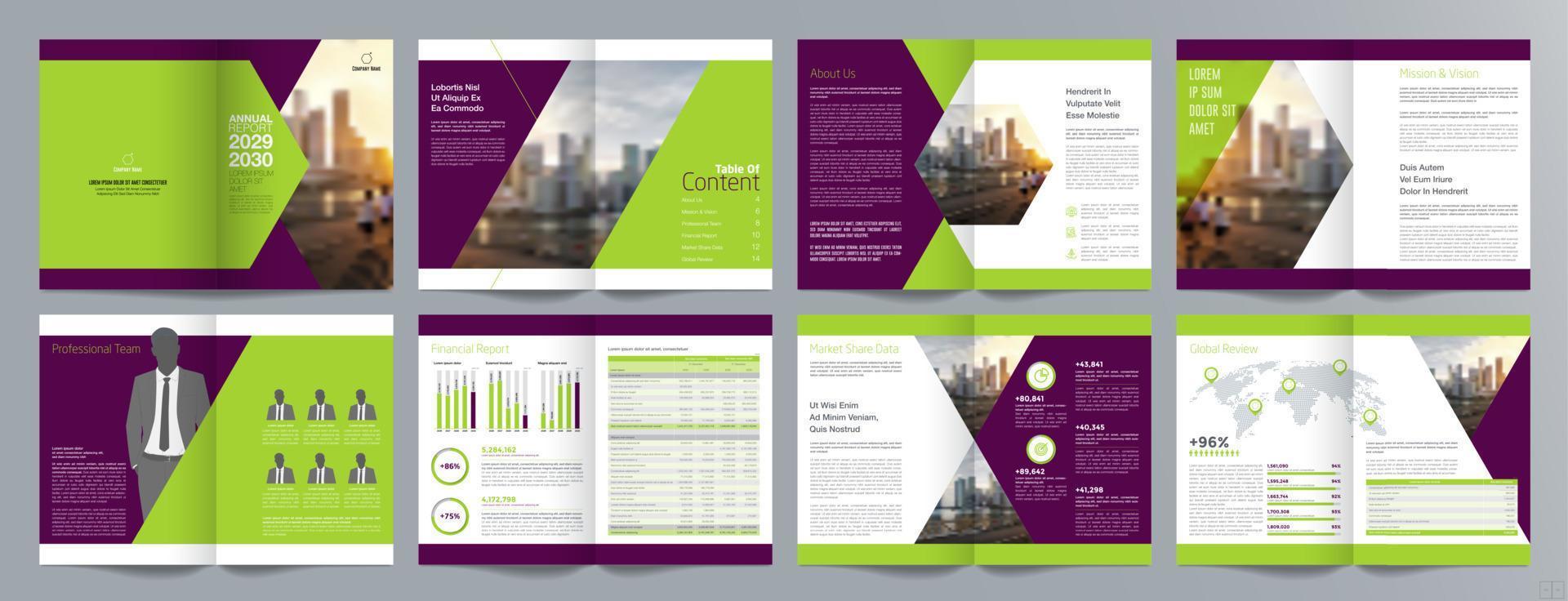 plantilla de folleto de guía de presentación de negocios corporativos, informe anual, plantilla de diseño de folleto de negocios geométrico plano minimalista de 16 páginas, tamaño a4. vector