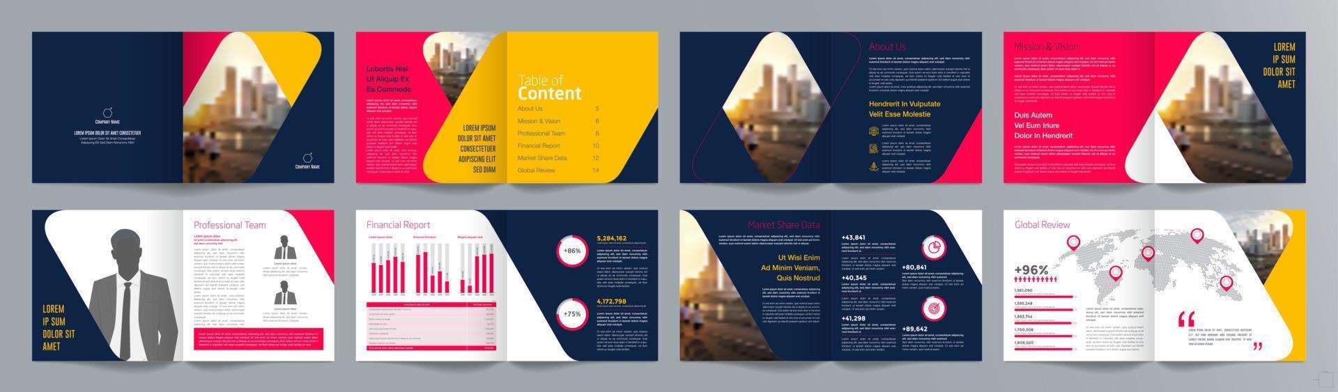 Corporate business presentation guide brochure template, Annual report, 16 page minimalist flat geometric business brochure design template, square size. vector