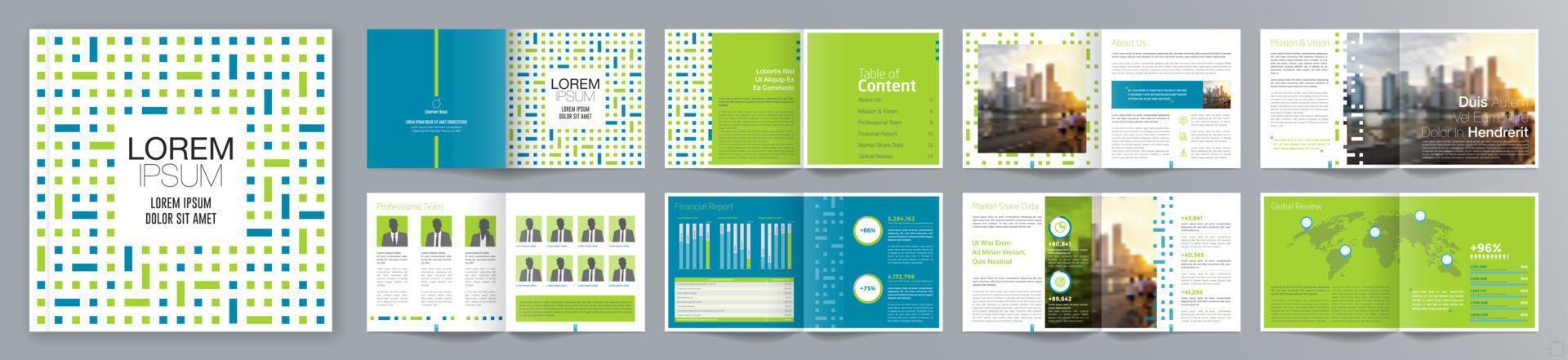 plantilla de folleto de guía de presentación de negocios corporativos, informe anual, plantilla de diseño de folleto de negocios geométrico plano minimalista de 16 páginas, tamaño cuadrado. vector