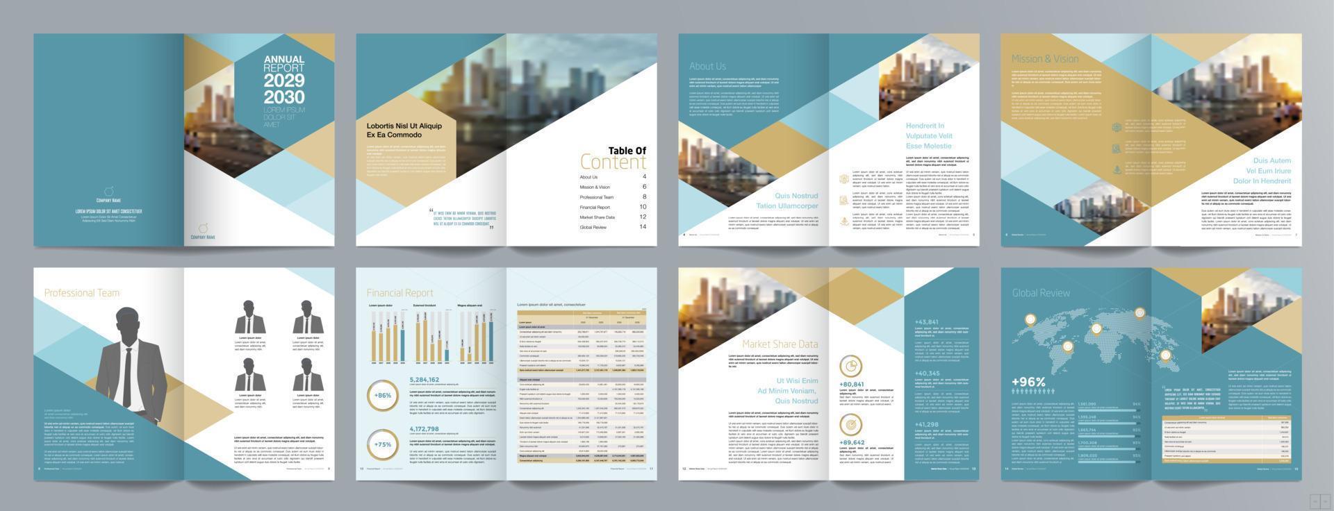 plantilla de folleto de guía de presentación de negocios corporativos, informe anual, plantilla de diseño de folleto de negocios geométrico plano minimalista de 16 páginas, tamaño a4. vector