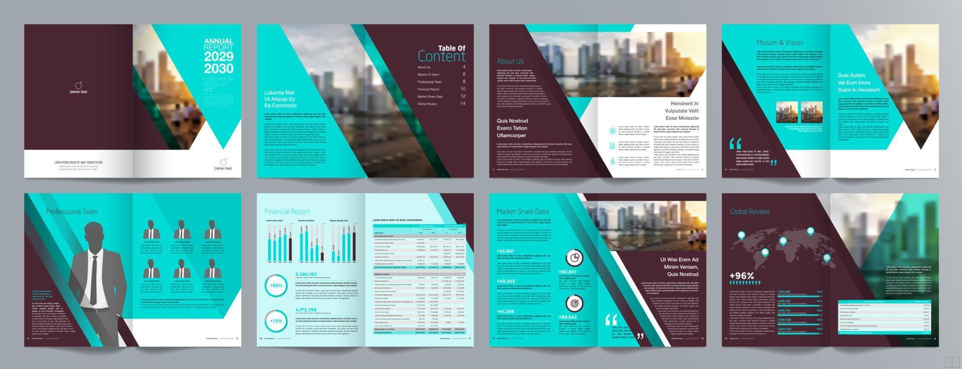 plantilla de folleto de guía de presentación de negocios corporativos, informe anual, plantilla de diseño de folleto de negocios geométrico plano minimalista de 16 páginas, tamaño a4. vector