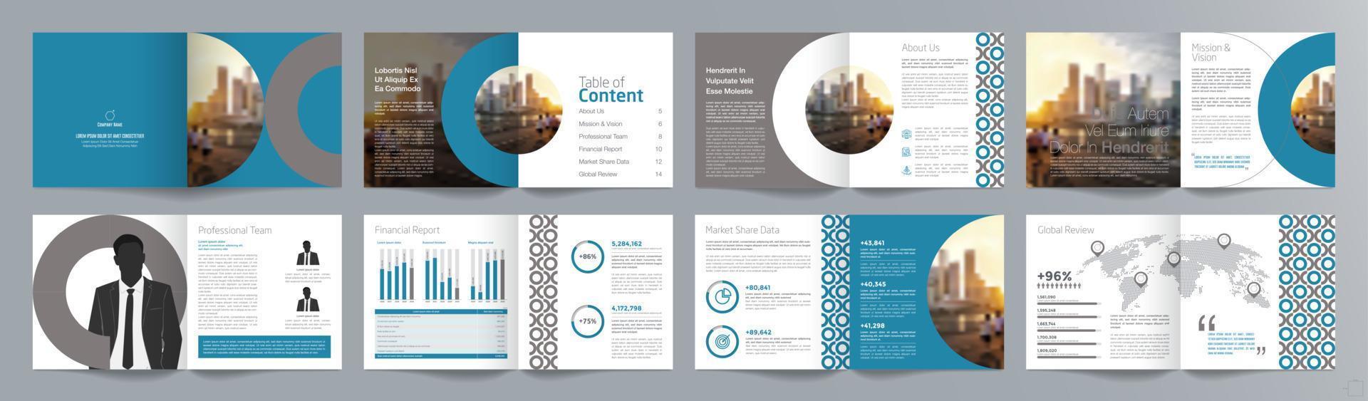 plantilla de folleto de guía de presentación de negocios corporativos, informe anual, plantilla de diseño de folleto de negocios geométrico plano minimalista de 16 páginas, tamaño cuadrado. vector