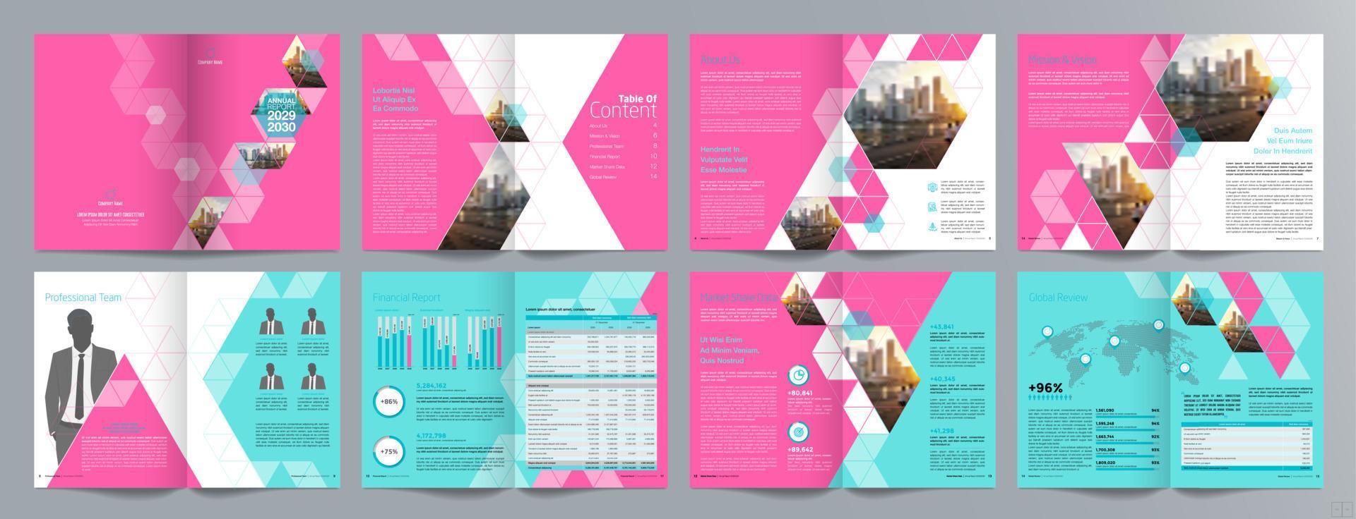 Corporate business presentation guide brochure template, Annual report, 16 page minimalist flat geometric business brochure design template, A4 size. vector