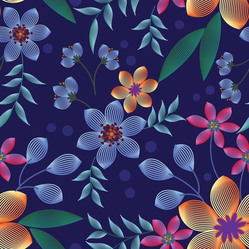 diseño de flores de colores sobre fondo azul de patrones sin fisuras vector