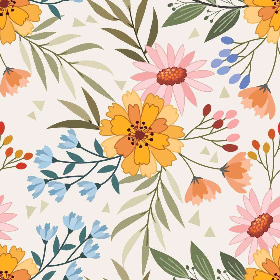 Colorful hand draw flowers seamless pattern vector